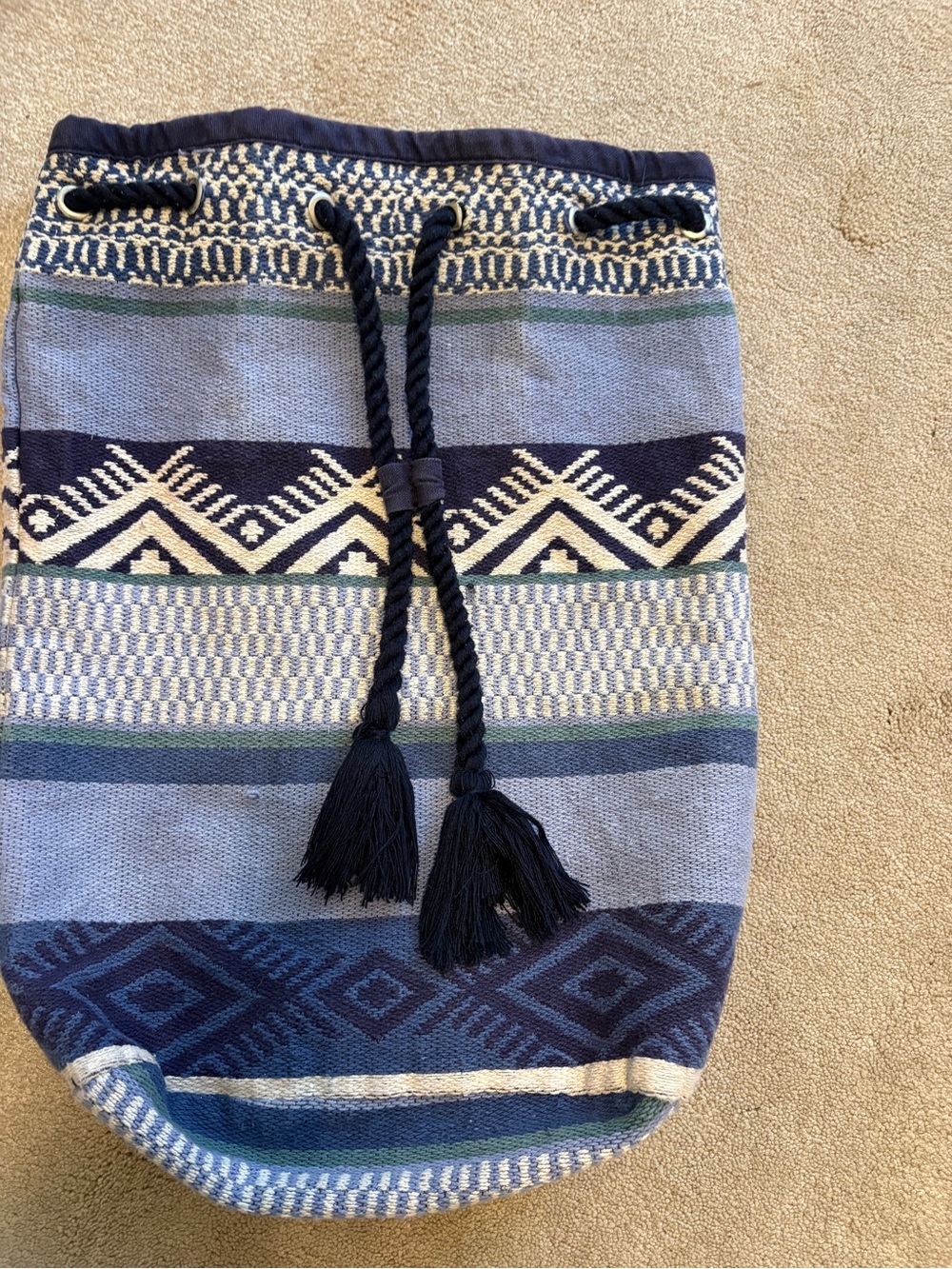 Boho Knit Navy and Cream Patterned Drawstring Backpack